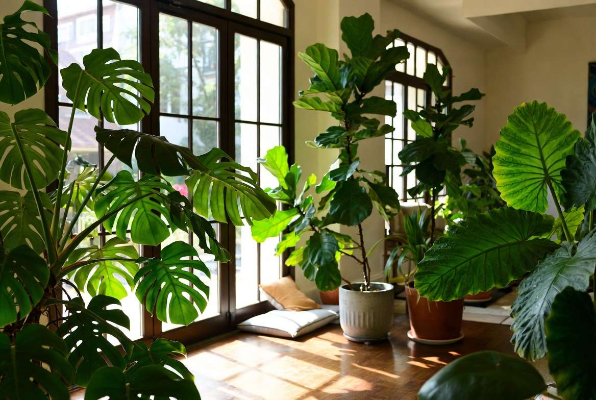 Large leaf plants in a bright modern living room showing air purifying and aesthetic benefits