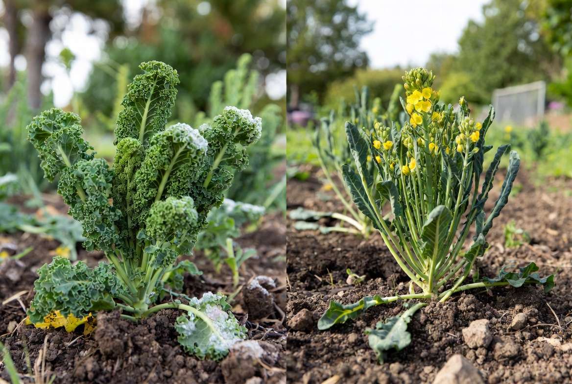 Healthy frost-kissed kale versus bolted summer kale showing the importance of proper planting timing