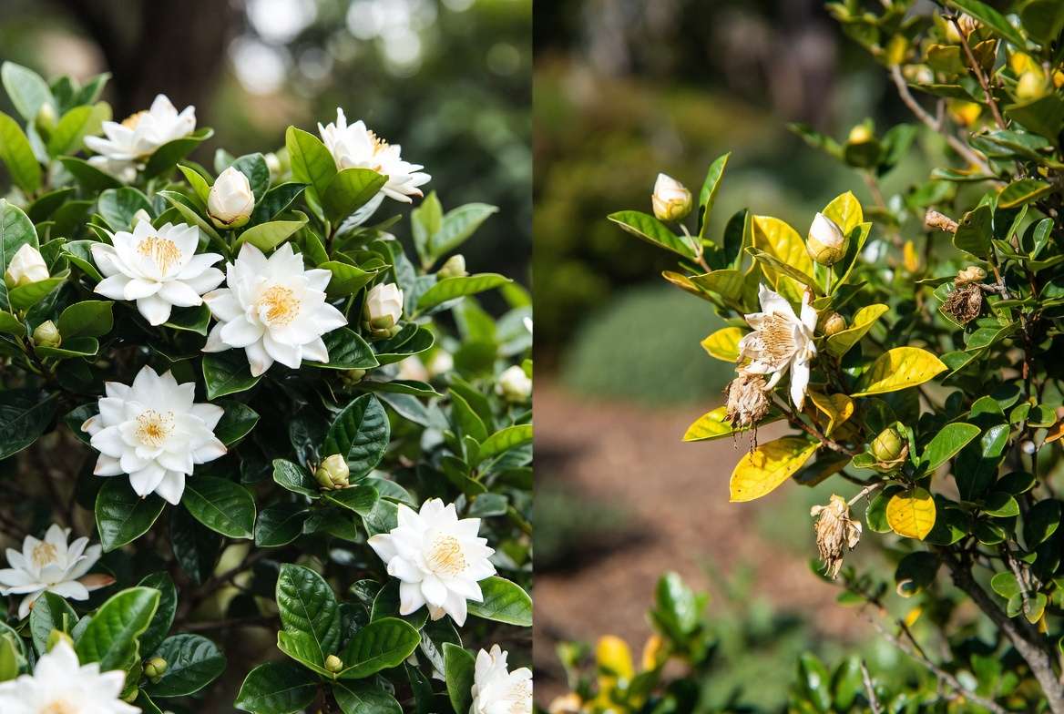 Healthy vs unhealthy Radicans Gardenia plant showing yellow leaves and common problems