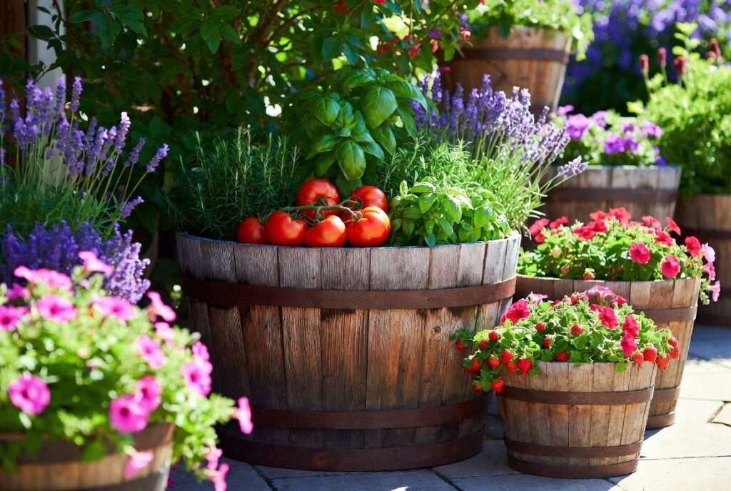 wooden barrels for plants