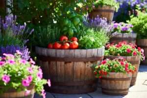 wooden barrels for plants