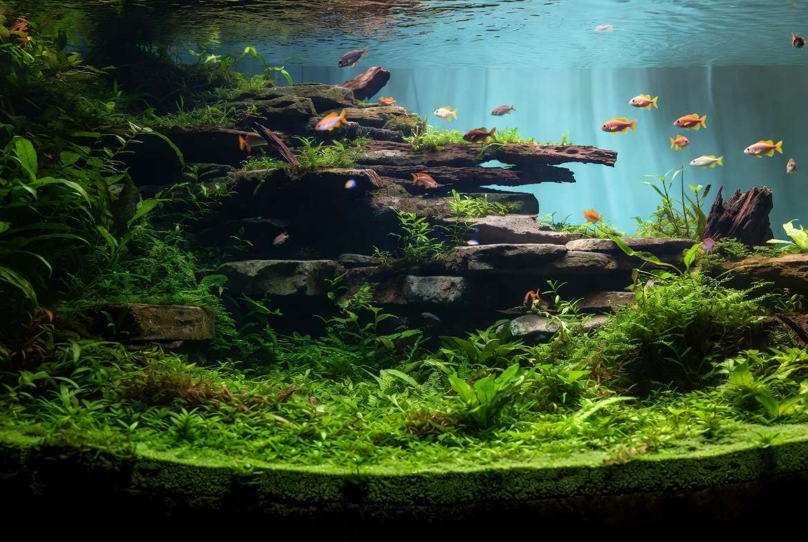 Advanced aquascape with lush planted aquarium carpet plants and hardscape