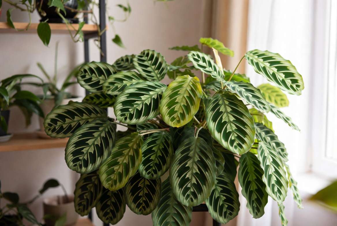 Beautifully styled thriving Fishbone Prayer Plant in home interior