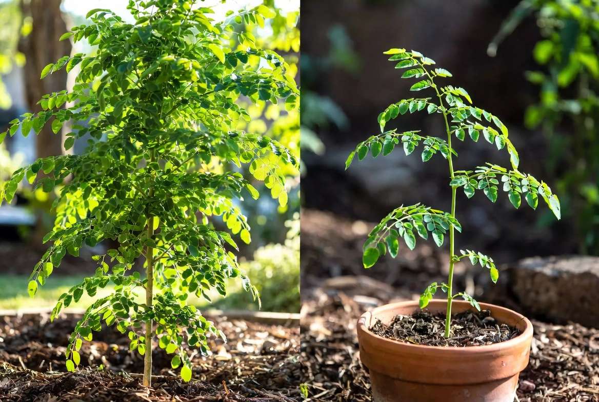 Thriving moringa trees in ground and container showing advanced growing result