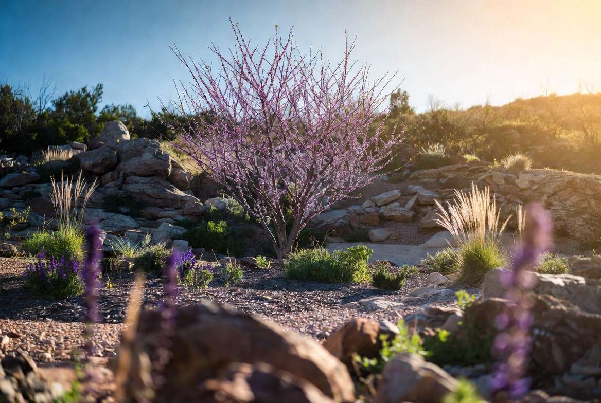 Texas Redbud tree in beautiful xeriscape garden landscaping with native companion plants