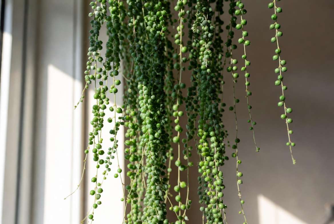 Mature thriving string plants with long cascading trails