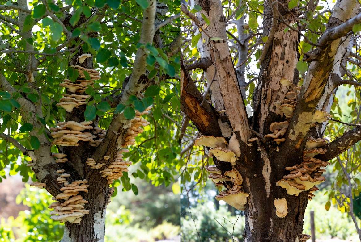 Beneficial vs harmful mushrooms that grow on trees comparison on healthy and stressed trees