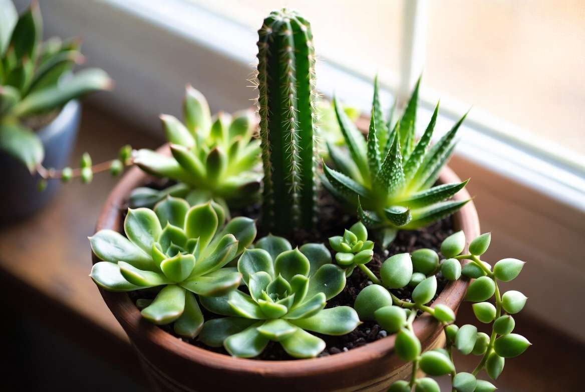A thriving mixed arrangement illustrating the design principles of tall thriller, mounding filler, and cascading spiller plants.