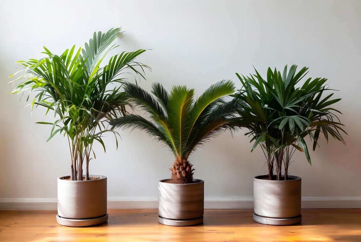 Healthy miniature palm tree varieties including Parlor Palm, Pygmy Date Palm, and Lady Palm in modern indoor pots