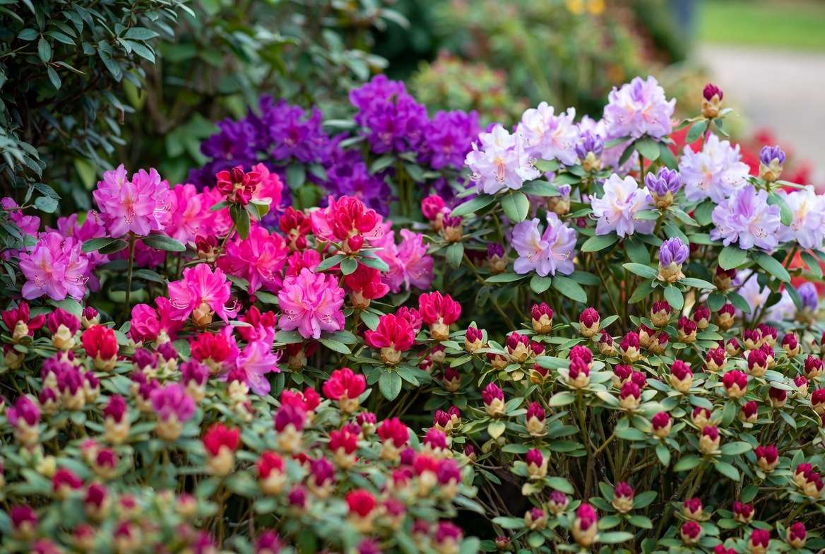 Miniature rhododendron varieties showing different flower colors and compact growth habits