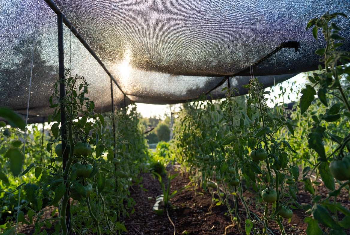 Properly installed shade cloth providing dappled light to tomato garden