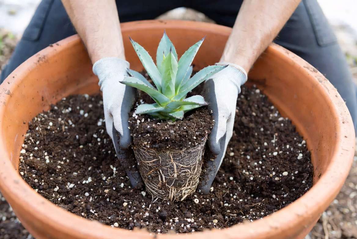 Planting a young blue agave plant in well-draining soil mix