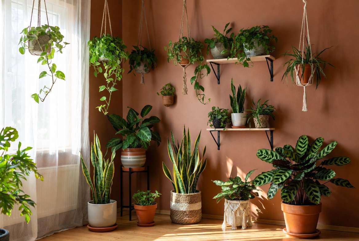 Creative and stylish personalized plant pots in a boho home interior with thriving houseplants