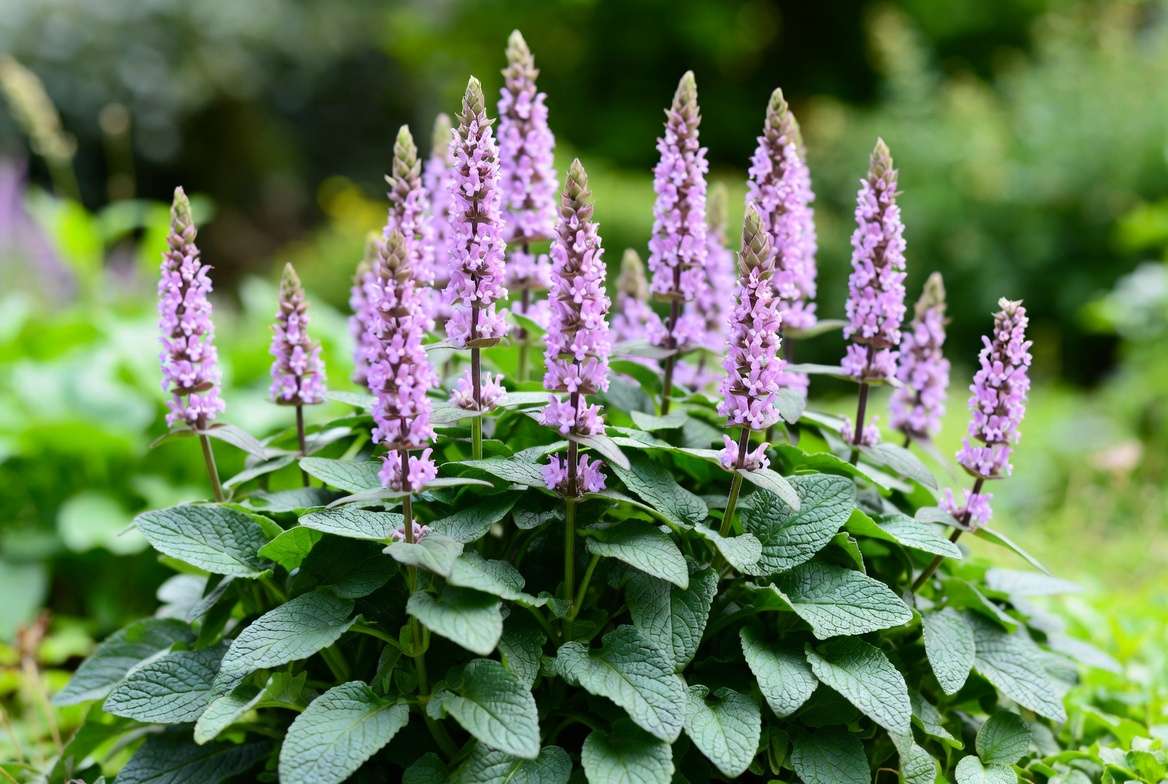 Stachys Hummelo plant showing glossy green foliage and rose-lavender flower spikes