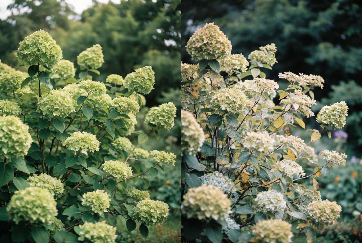 Healthy vs unhealthy hydrangea tree showing common problems like leaf yellowing and disease