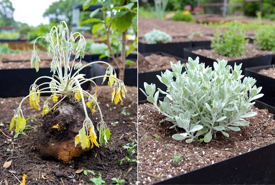 Before and after comparison of silver plant health showing common problems and successful recovery