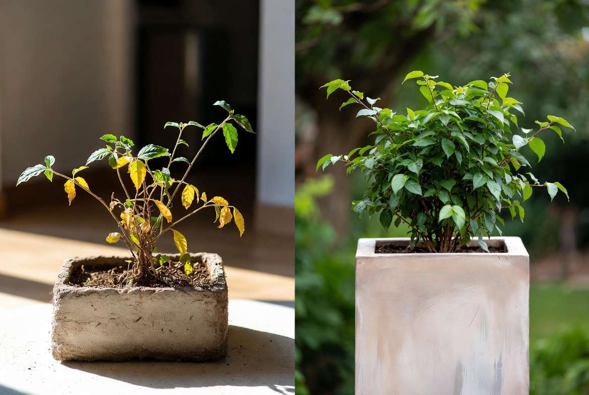 Before and after healthy plant recovery in tall rectangle planter