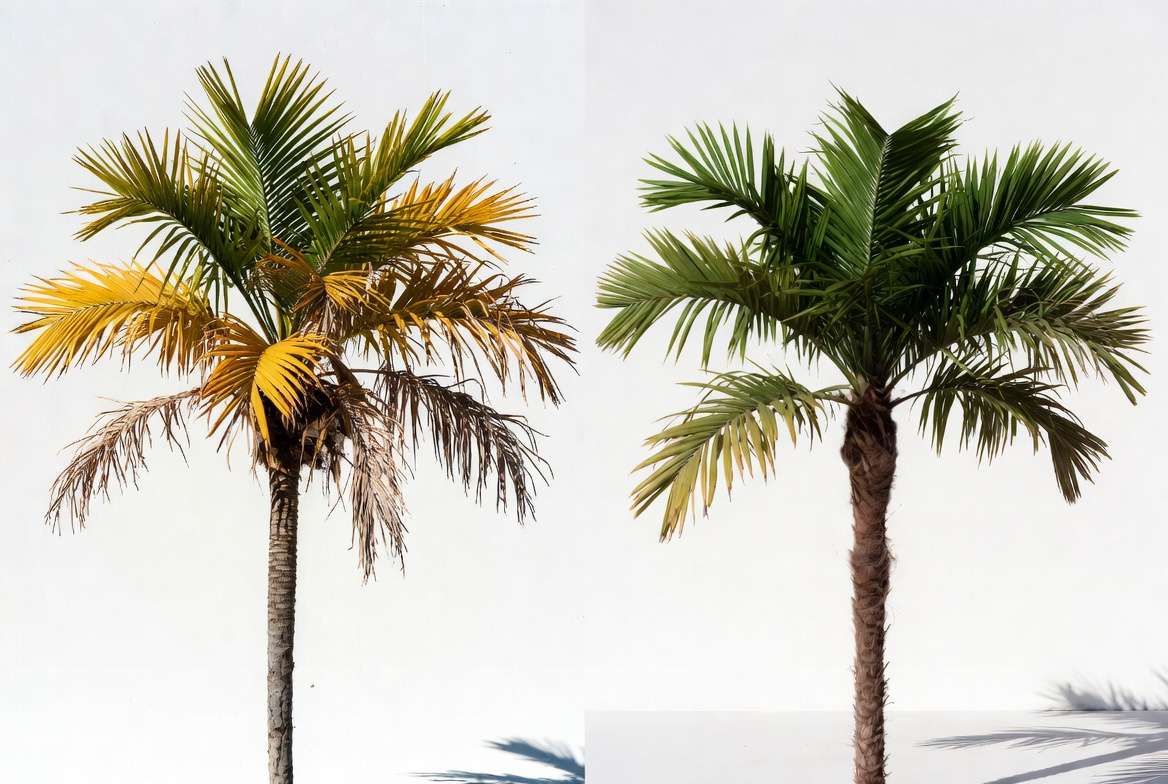 Before and after comparison of miniature palm tree care - fixing yellow leaves and brown tip