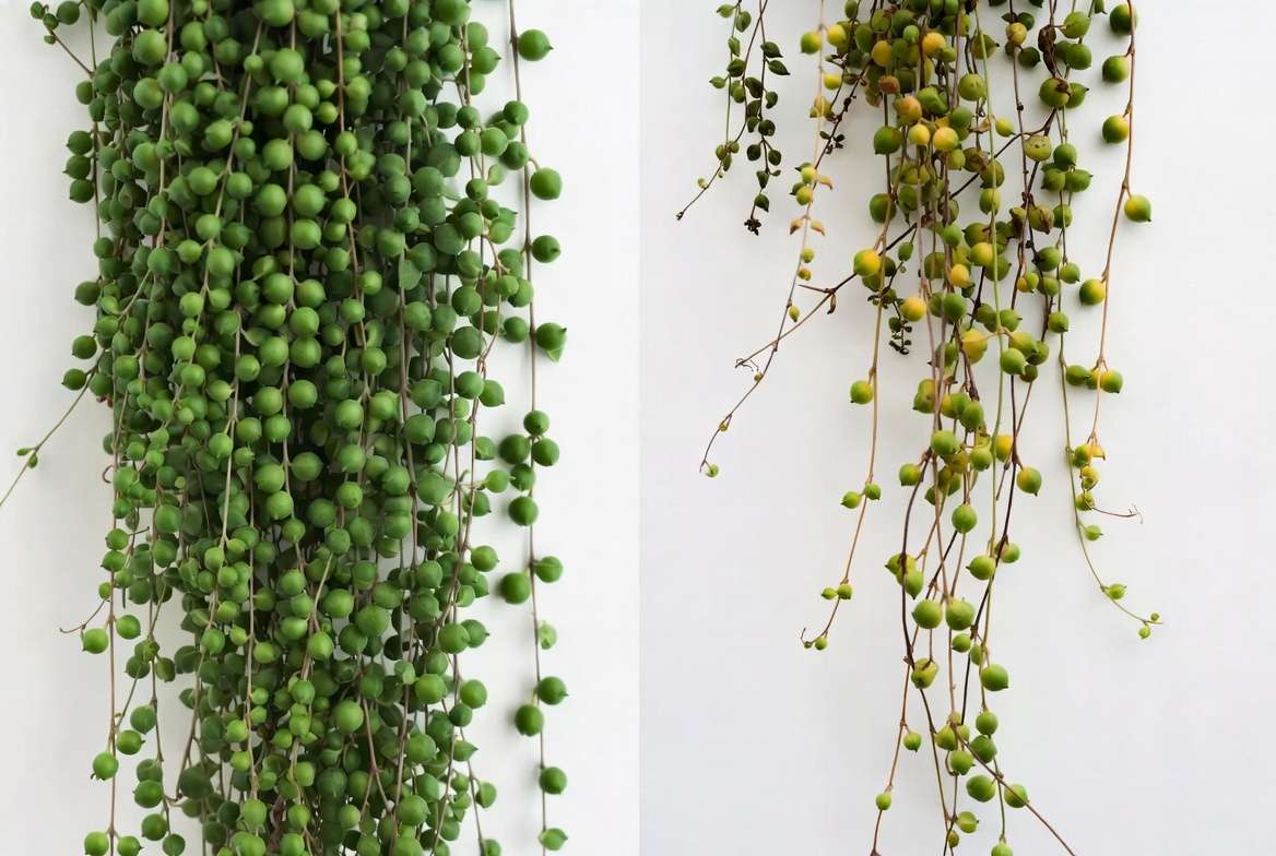 Before and after comparison of healthy vs unhealthy string plants