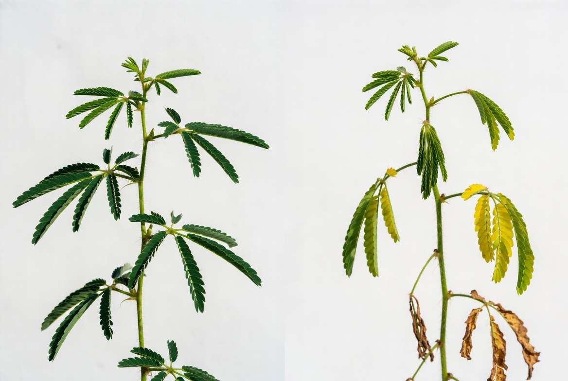 Common Mimosa plant problems - healthy vs yellowing leaves troubleshooting