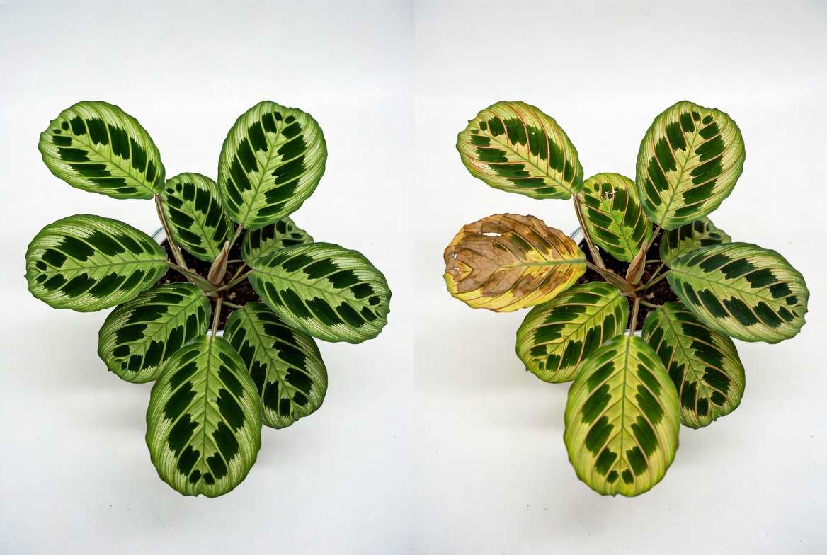 Common Fishbone Prayer Plant problems like brown tips and yellow leaves vs healthy plant