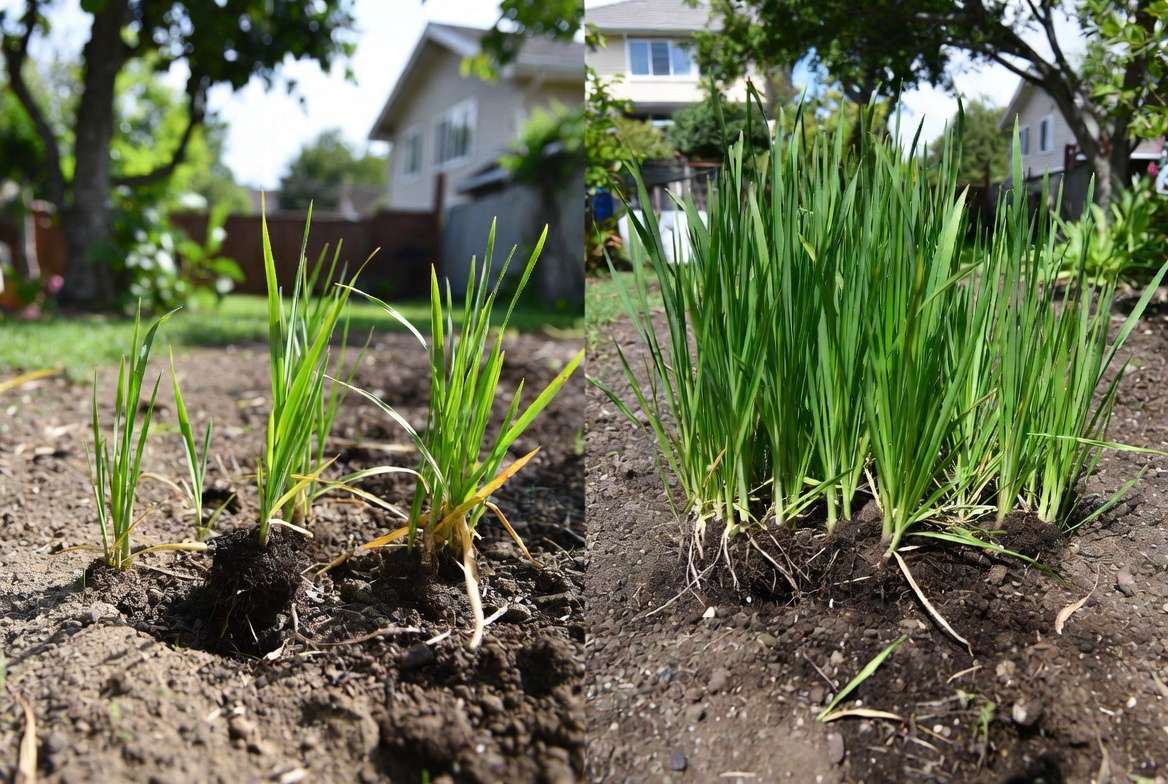 Healthy versus struggling vetiver grass plants troubleshooting common issues