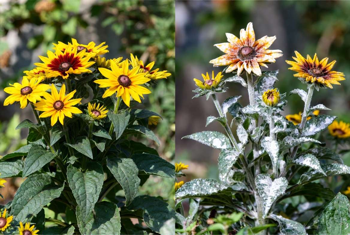 Healthy vs unhealthy Rudbeckia Indian Summer plant showing common disease