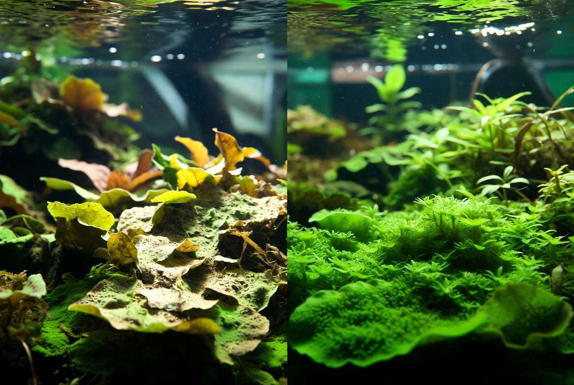 Common problems with planted aquarium carpet plants - healthy vs melting comparison