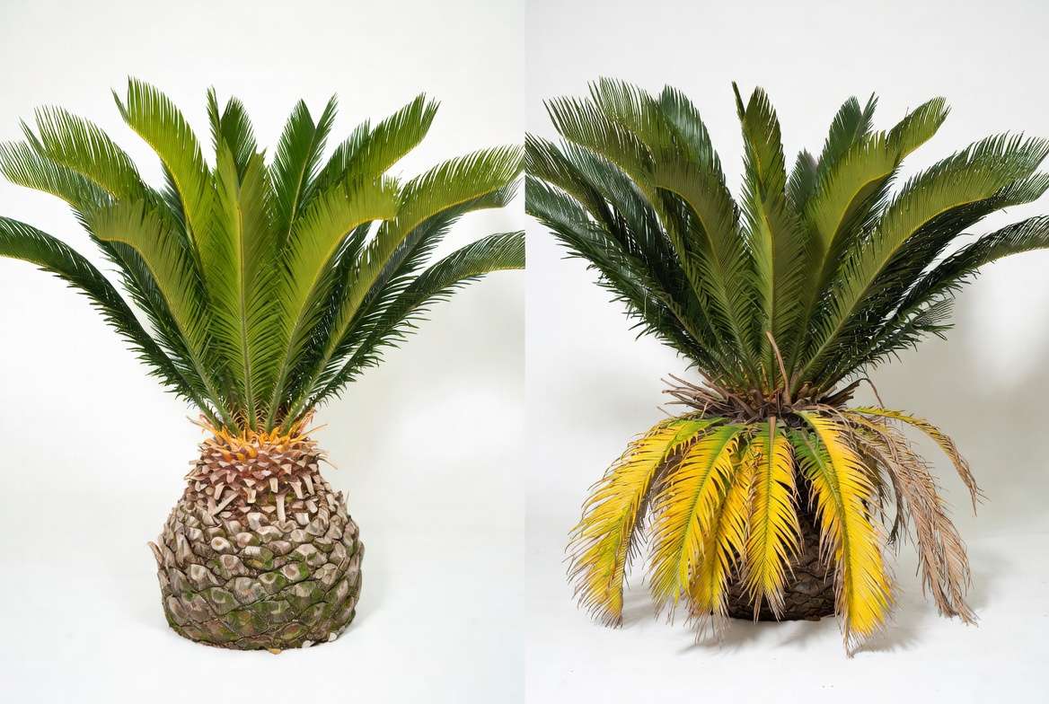 Common sago palm problems yellowing fronds vs healthy plant