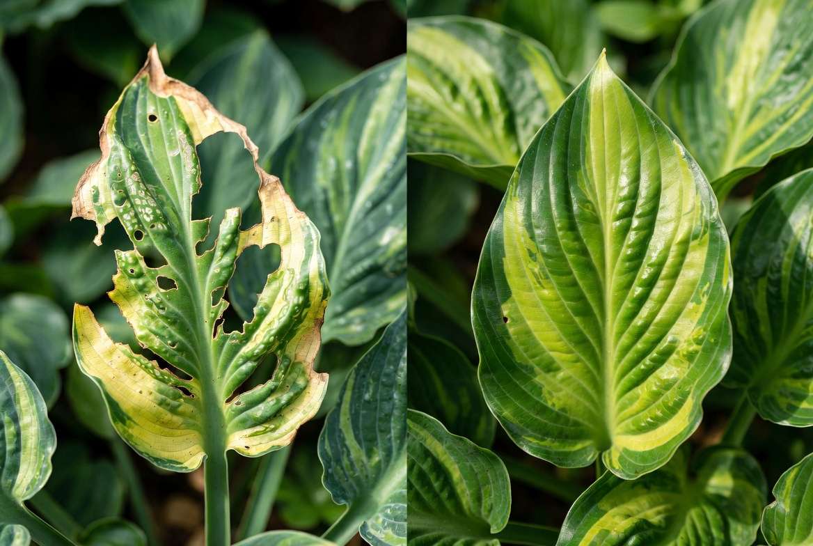 Before and after comparison of common variegated hosta plant problems and recovery