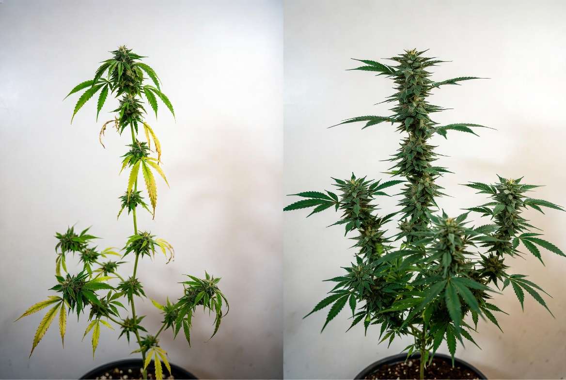 Comparison of correct vs incorrect cannabis topping results on plant health