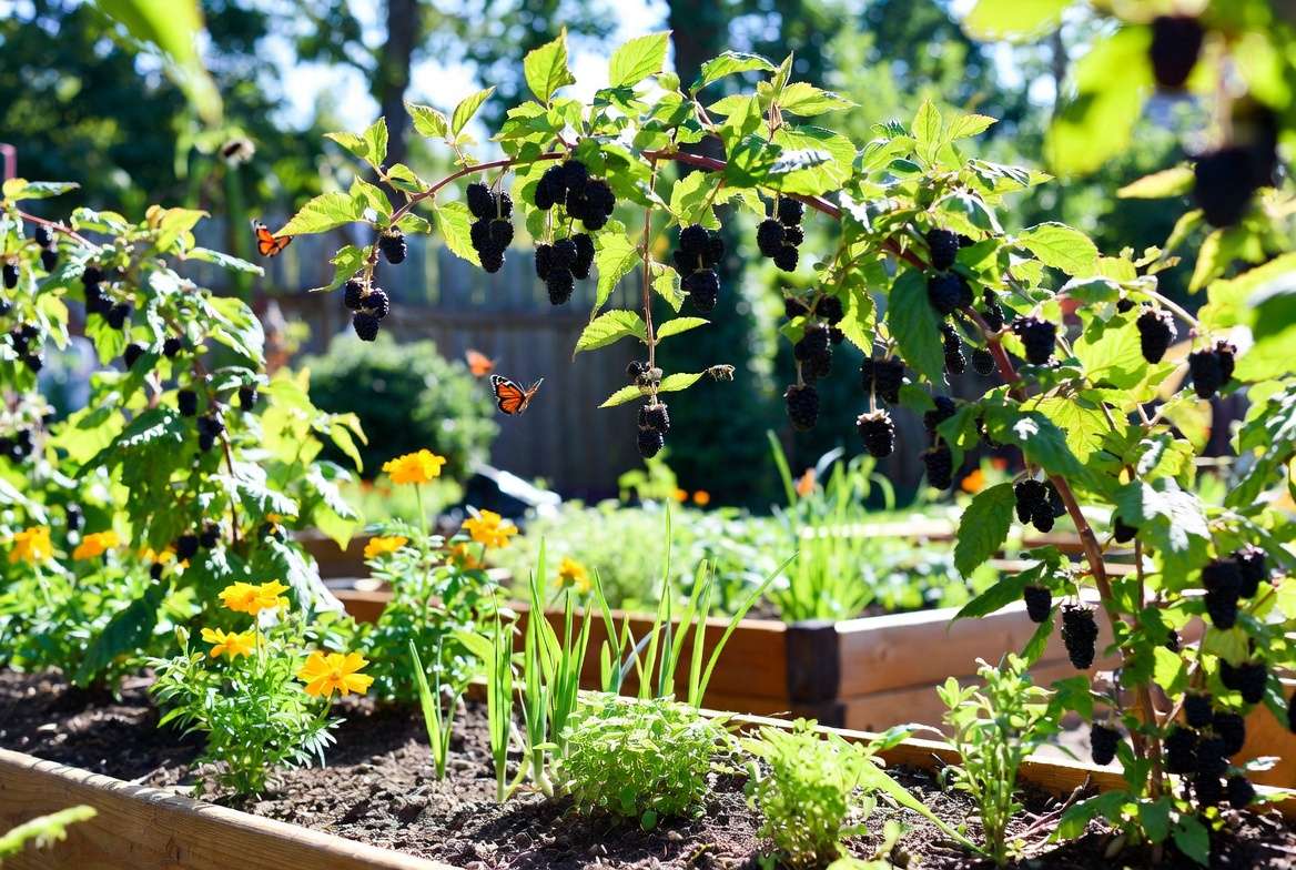 Black raspberry plants with companion plants in garden