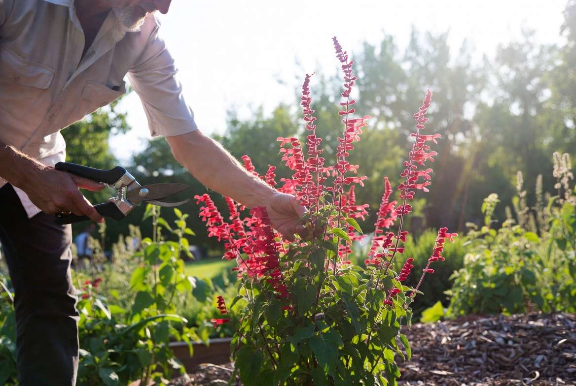 Deadheading and maintaining red flowering perennial plants in summer garden