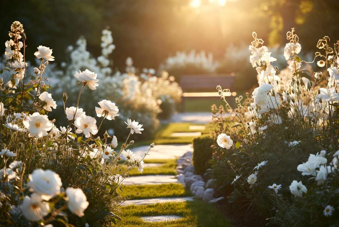 Beautiful completed serene white flower garden landscape