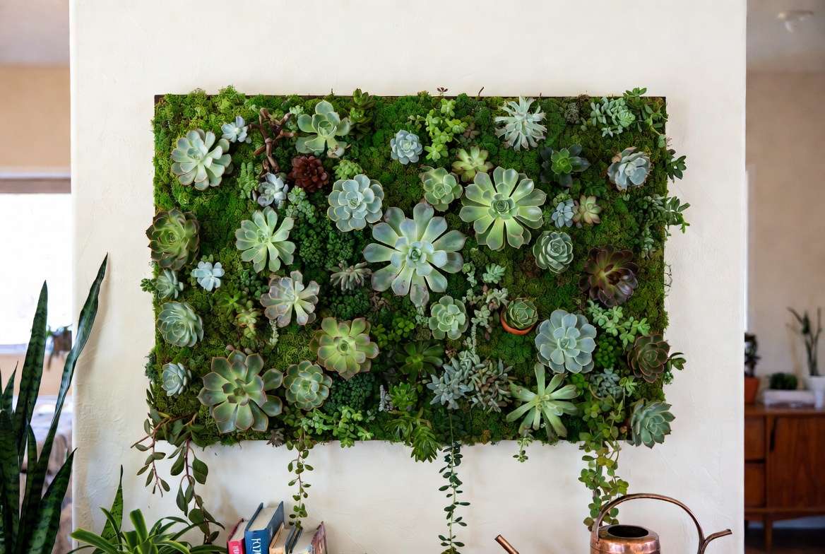 Established, thriving moss wall succulent frame hanging above a modern credenza in a biophilic-styled living room.