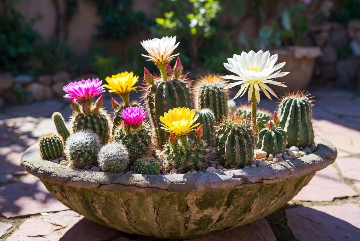 A celebratory composition of diverse, mature desert cacti species (including Mammillaria and Echinopsis) all in magnificent, colorful bloom.