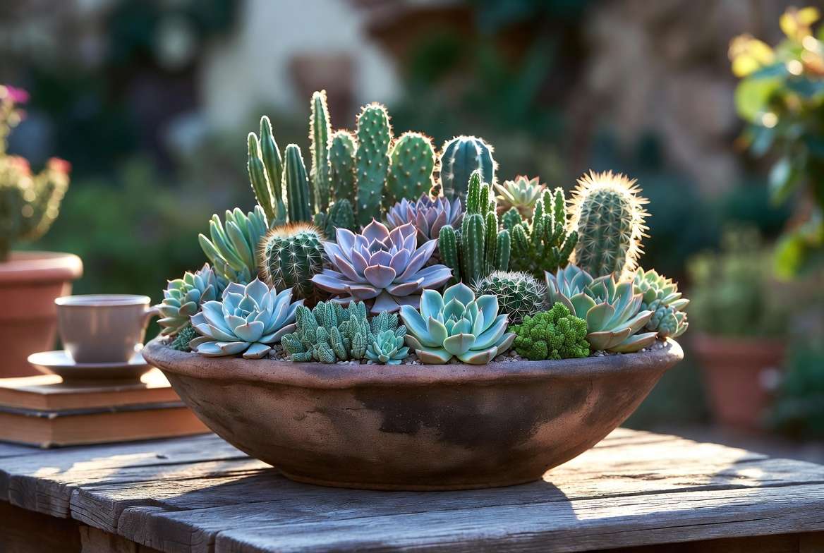 A perfectly healthy and vibrant established cactus and succulent arrangement sitting on a sunlit rustic patio table.