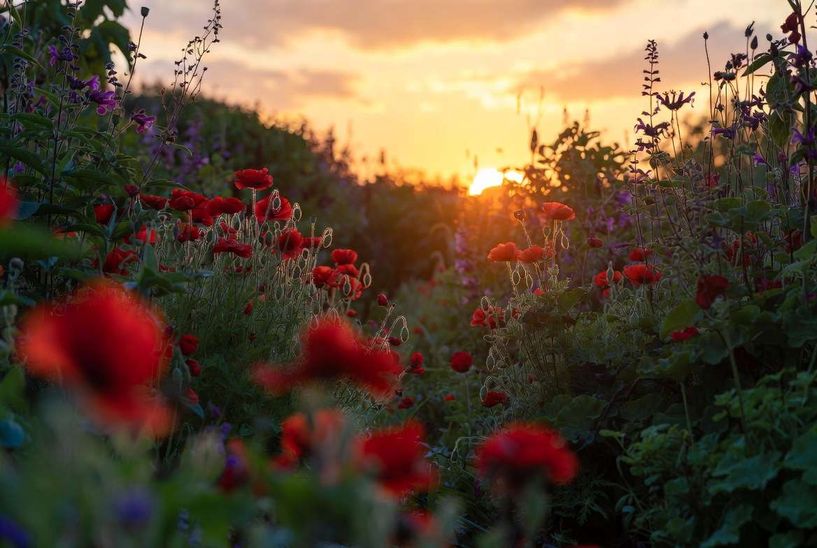 Mature garden border filled with beautiful red perennial flowers in full summer bloom