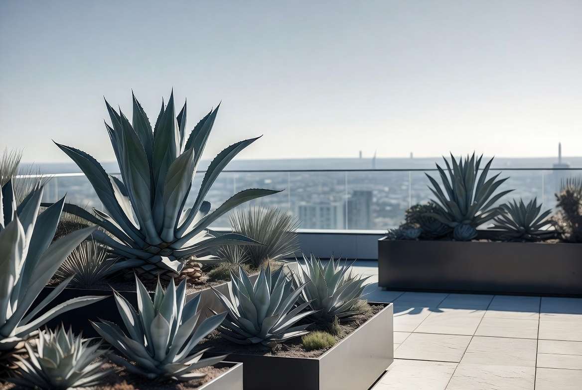 Blue agave plants thriving in stylish container gardening setup