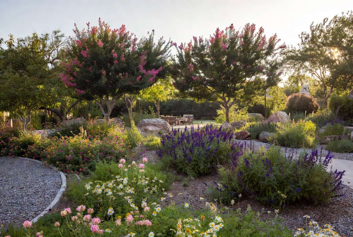 Creative full sun Texas garden design with drought-tolerant plants and xeriscaping