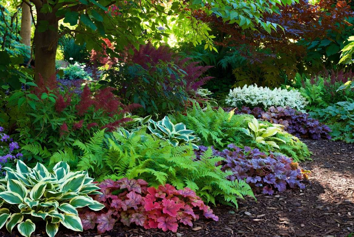 Beautiful shade garden design using variegated hosta plants with companion perennials