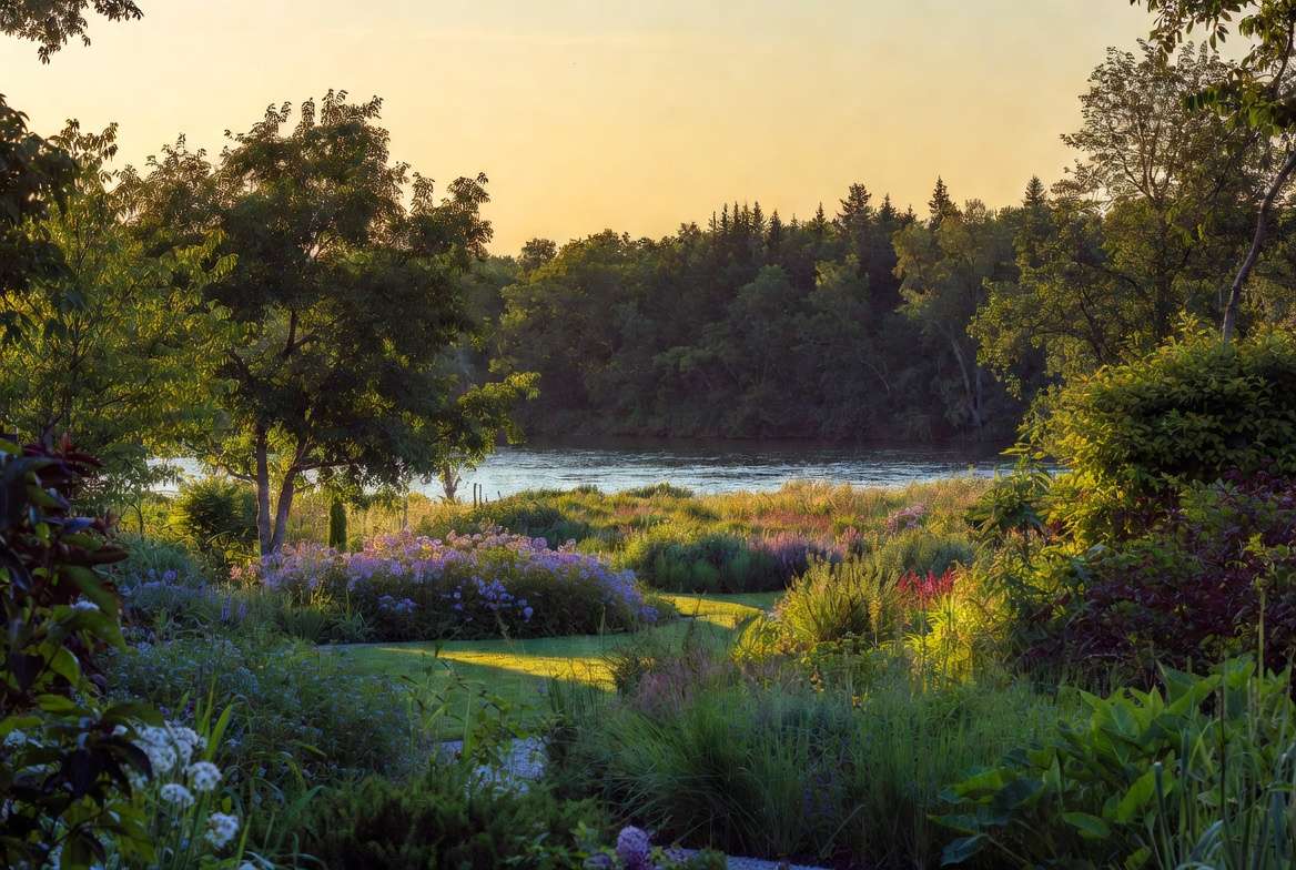 Creative riverside garden landscaping with layered native plants