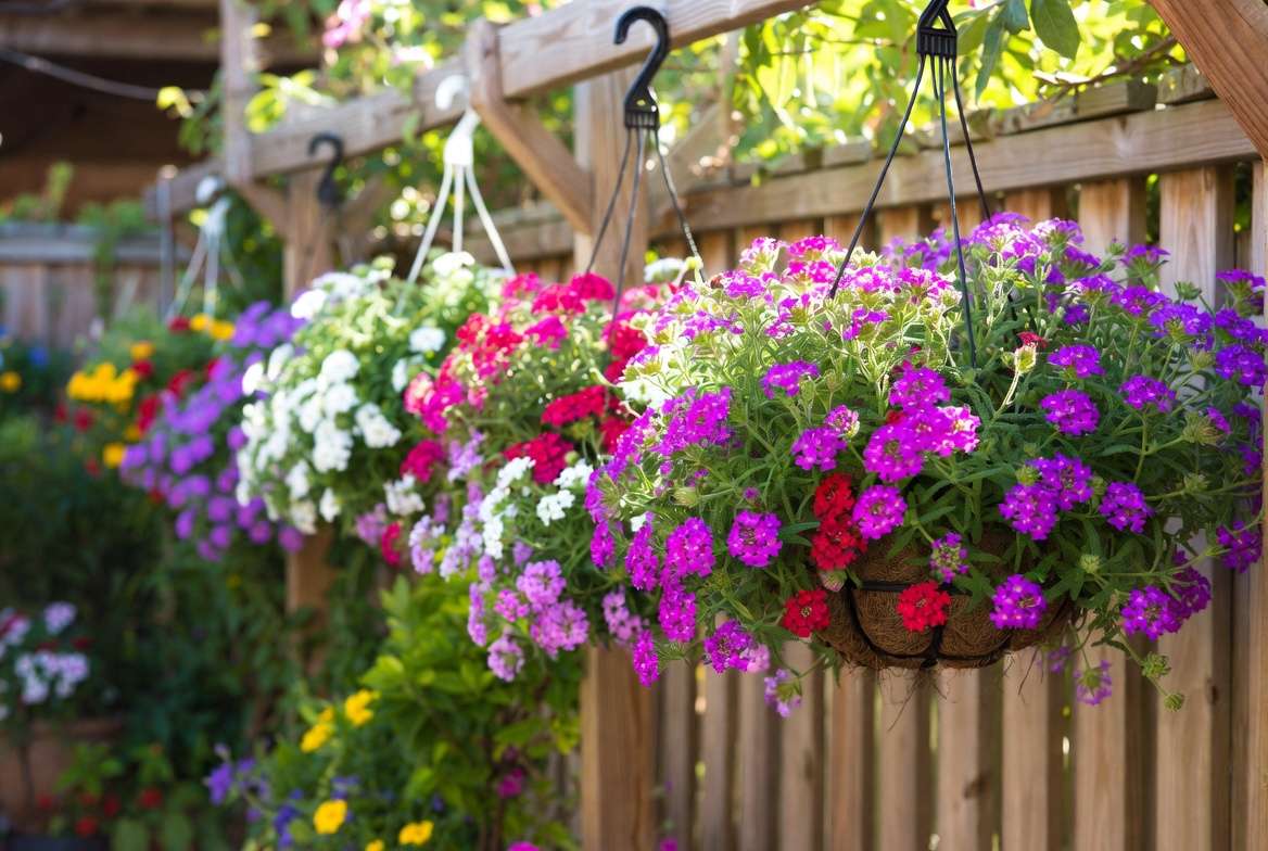 Creative hanging basket ideas with trailing verbena plants in garden design