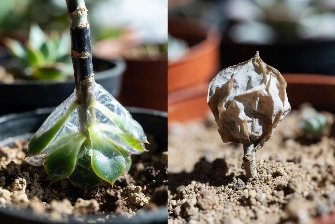 Comparison photo showing the difference between a rot-afflicted succulent (black and mushy) and a desiccated succulent (dry and paper-thin).