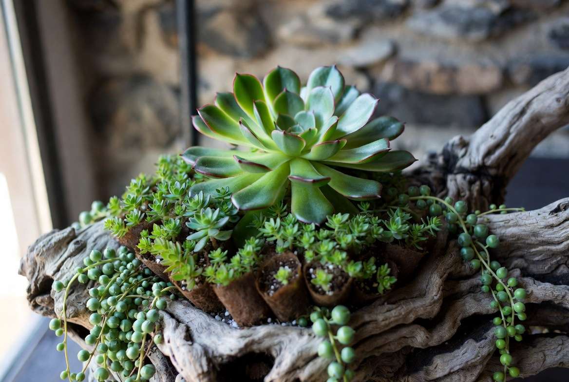A visual example of the Thriller (Echeveria), Filler (Sedum), and Spiller (String of Pearls) design principle applied to a driftwood succulent arrangemen