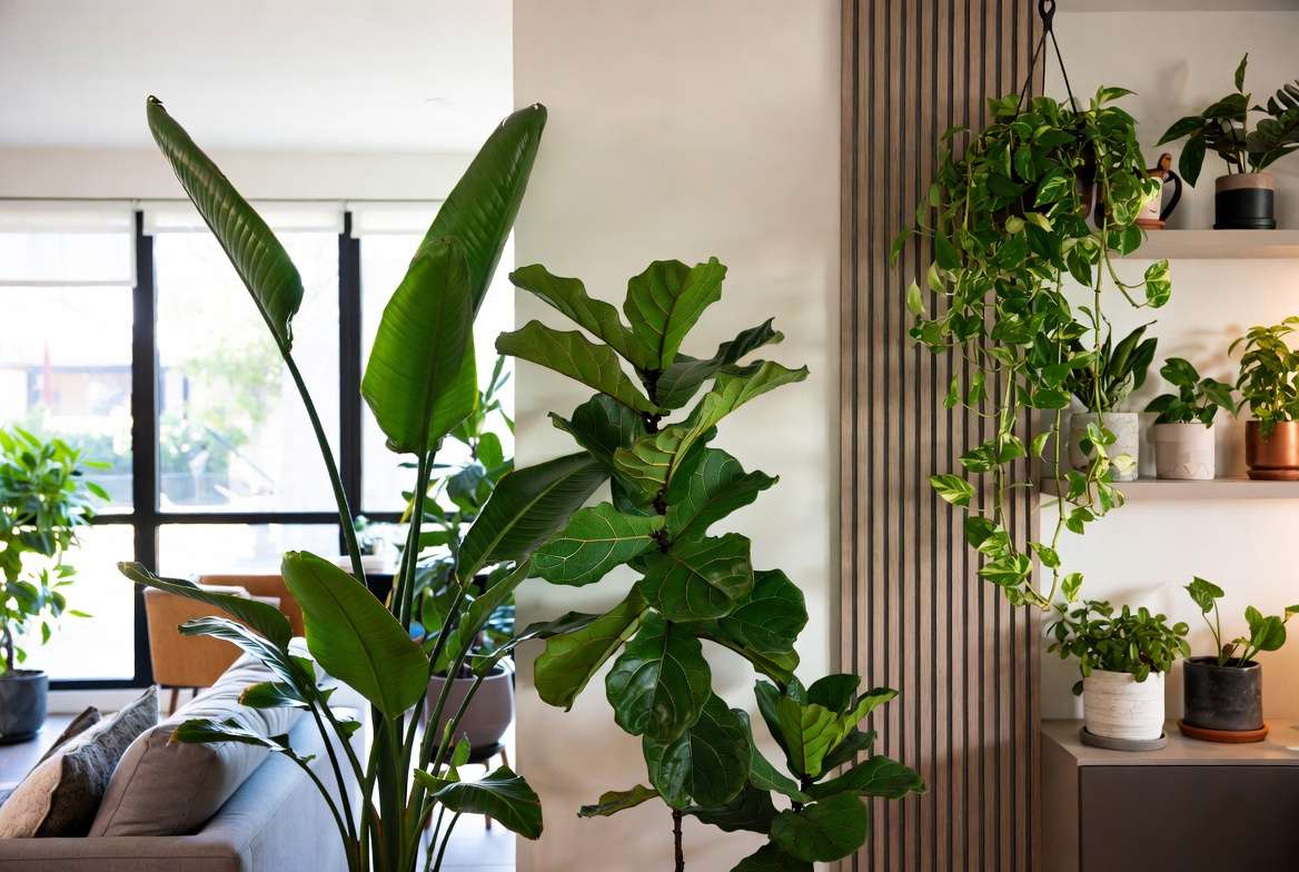 Modern plants styled in a contemporary minimalist living room