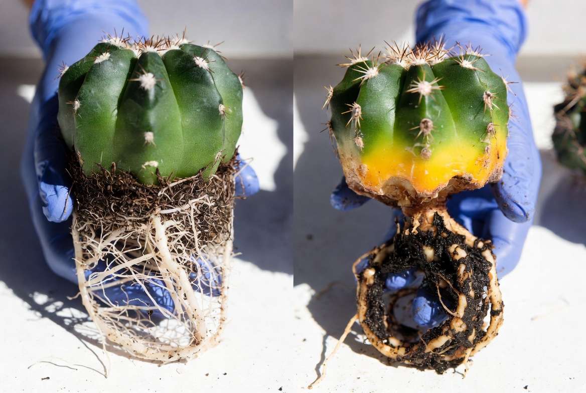 A side-by-side comparison photograph of healthy white cactus roots versus black, slimy roots affected by cactus rot.