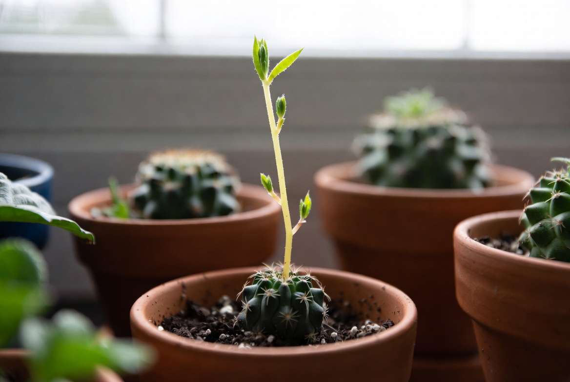 An etiolated cacti on a slightly dim windowsill, showing dramatic weak, pale, and stretched growth towards the window glass due to insufficient light.