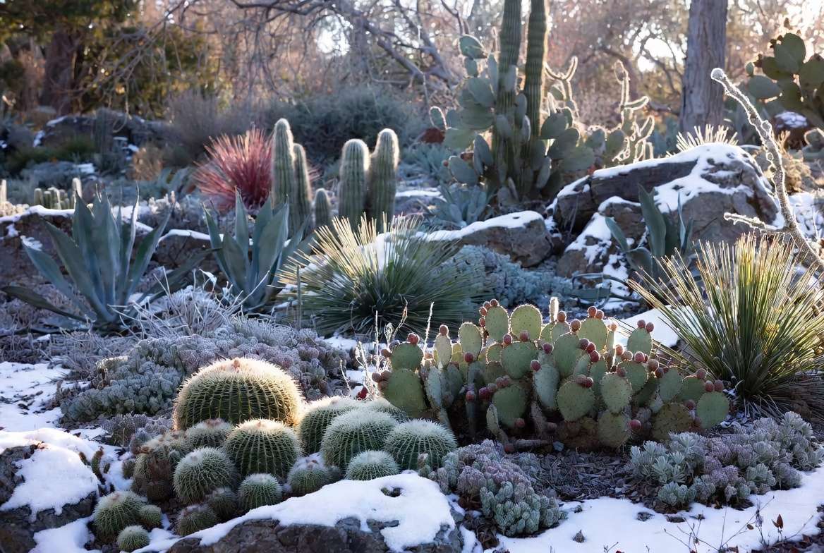 Wide landscape photo of a diverse winter xeriscape garden in a cold climate, featuring resilient cacti, hardy agaves, yucca, and sedum plants.