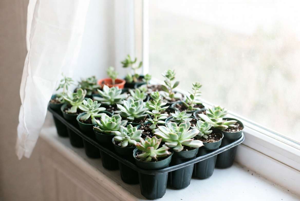 A tray of potted succulent favors receiving proper light near a sunlit window.
